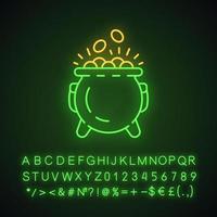Pot of gold neon light icon. Leprechaun treasure. Saint Patrick Day. Glowing sign with alphabet, numbers and symbols. Vector isolated illustration