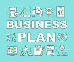 Business plan word concepts banner. Financial planning. Budgeting. Funding and financing. Presentation, website. Isolated lettering typography idea with linear icons. Vector outline illustration