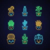 Cactuses cute kawaii neon light characters. Plant with smiling face. Kissing zebra cacti in pot. Funny emoji, emoticon set. Glowing icons with alphabet, numbers, symbols. Vector isolated illustration