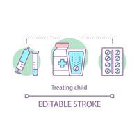 Treating child concept icon. Childcare idea thin line illustration. Vaccination, immunization. Medication. Pills pack, syringe, lab flask. Healthcare. Vector isolated outline drawing. Editable stroke