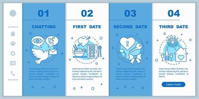 Internet dating onboarding mobile web pages vector template. Responsive smartphone interface idea with linear illustrations. Romantic relationships development webpage walkthrough steps. Color concept