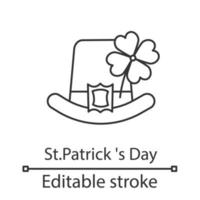 Saint Patrick's Day linear icon. Thin line illustration. March 17th. Leprechaun hat with four leaf clover. Contour symbol. Vector isolated outline drawing. Editable stroke