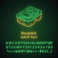 Reusable lunch box neon light icon. Environmentally friendly material. Food storage container. Plastic food packaging. Glowing sign with alphabet, numbers and symbols. Vector isolated illustration