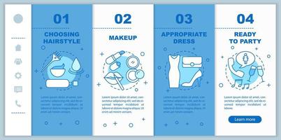 Getting ready for party onboarding mobile web pages vector template. Responsive smartphone interface idea with linear illustrations. Beauty, salon webpage walkthrough step screens. Color concept