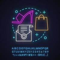 Clothes shopping neon light concept icon. Clothing store idea. High heel, shoe, check, shopping bag. Glowing sign with alphabet, numbers and symbols. Vector isolated illustration