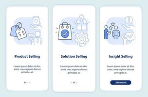 técnicas de venta pantalla de aplicación móvil de incorporación azul claro. tutorial de ventas 3 pasos instrucciones gráficas editables con conceptos lineales. interfaz de usuario, ux, plantilla de interfaz gráfica de usuario. vector