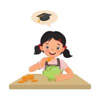 Cute little girl putting coins into a piggy bank saving money on her higher education or for collage vector