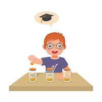 Cute little boy putting coins into glass jar saving money on his higher education, future savings and toys vector