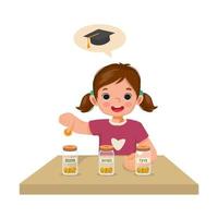 Cute little girl putting coins into glass jar saving money on her higher education, future savings and toys vector