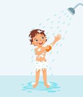 un niño pequeño y lindo disfrutando de la ducha en el baño con una burbuja de jabón esponjosa vector