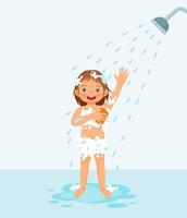 cute little girl enjoying having shower in the bathroom with fluffy soap bubble vector