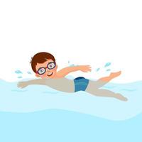 cute little boy wear googles enjoying swimming in a pool vector