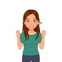 happy and excited young woman making fist pump winner gesture with arms raised, smiling and shouting for victory celebrating successful of achieving goals vector