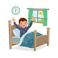 lindo niño se despierta temprano en la mañana estirando su cuerpo saludando buenos días mundo vector