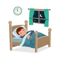 lindo niño pequeño tiene insomnio o trastorno del sueño permanece despierto y no puede dormir en la cama por la noche en el dormitorio vector