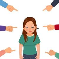 Depressed young woman feeling sad, guilty and ashamed get bullied with finger surrounding pointing at her blaming and accusing her in public vector