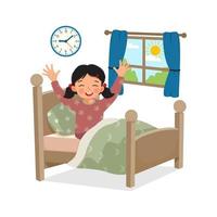 Cute little girl wakes up early in the morning stretching her body greeting good morning world vector