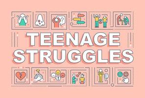 Teenage struggles word concepts pink banner. Social, emotional issues. Infographics with editable icons on color background. Isolated typography. Vector illustration with text.