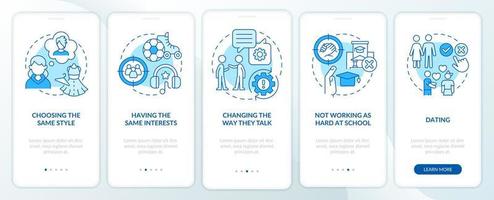 Peer influence on teenage behavior blue onboarding mobile app screen. Walkthrough 5 steps editable graphic instructions with linear concepts. UI, UX, GUI template. vector