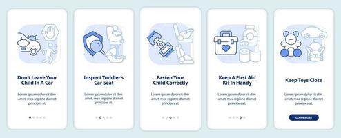 viaje por carretera con consejos para niños pequeños pantalla de aplicación móvil de incorporación azul claro. tutorial 5 pasos instrucciones gráficas editables con conceptos lineales. interfaz de usuario, ux, plantilla de interfaz gráfica de usuario. vector