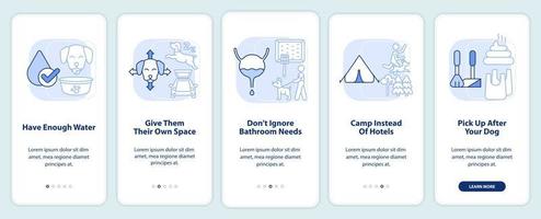 Road trip with pets advice light blue onboarding mobile app screen. Walkthrough 5 steps editable graphic instructions with linear concepts. UI, UX, GUI template. vector