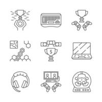 Esports linear icons set. Gaming gadgets and accessories. Winner cup. Strategy game. Gamer hardware. Thin line contour symbols. Isolated vector outline illustrations. Editable stroke