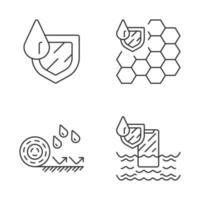 Waterproofing linear icons set. Water resistant surfaces. Waterproof membrane, flooring, phone. Liquid protection. Thin line contour symbols. Isolated vector outline illustrations. Editable stroke