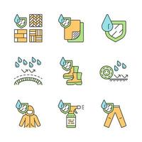 Waterproofing color icons set. Water resistant materials, fabric. Hydrophobic technology. Waterproof flooring, spray, coat, trousers. Liquid protective surface, clothing. Isolated vector illustrations