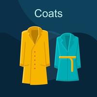 Coats fashion flat concept vector icon. Autumn fashion idea cartoon color illustrations set. Fall outfit. Clothing store. Womens wear. Jacket, trench coat. Shopping. Isolated graphic design element