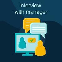 Interview with manager flat concept vector icon. Online job interviewing idea cartoon color illustrations set. Employment, recruitment. Communication, chatting, dialog. Isolated graphic design element