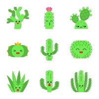 Cactuses flat design long shadow color icons set. Plants with smiling faces. Laughing barrel and peyote cactuses. Kissing hedgehog wild cacti. Succulent plants. Vector silhouette illustrations