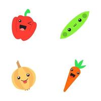 Vegetables cute kawaii flat design long shadow characters set. Pea, onion, carrot with smiling faces. Winking paprika. Funny emoji, emoticon, smile. Vector isolated silhouette illustration