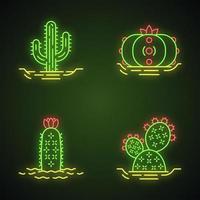 Wild cactuses in ground neon light icons set. Spiny plants. Green succulents. Saguaro, prickly pear, peyote, hedgehog cactus. Glowing signs. Vector isolated illustrations