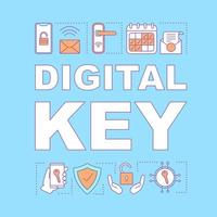 Digital key word concept banner. Wireless, keyless padlock. NFC smart door lock. Remote control hotel padlock. Presentation, website. Isolated typography with linear icons. Vector outline illustration