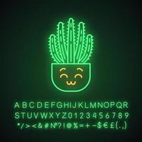 Organ pipe cactus cute kawaii neon light character. Pitahaya with smiling face. Home cacti in pot. Funny emoji, emoticon. Glowing icon with alphabet, numbers, symbols. Vector isolated illustration