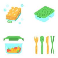 Zero waste swaps handmade flat design long shadow color icons set. Eco friendly, organic, sustainable, natural products. Eco sponges, reusable lunch box. Vector silhouette illustrations