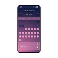 Lady pill reminder app mobile interface vector template. Smartphone application page purple design layout. Female meds tracker screen. Contraceptives calendar flat gradient UI. Phone notifier display