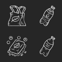 Zero waste swaps handmade chalk icons set. Eco friendly, organic, sustainable products. Recycle, reusable materials. Plastic, water bottle, eco soap, bag. Isolated vector chalkboard illustrations