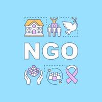 NGO word concepts banner. Non governmental, nonprofit organization. Presentation, website. Isolated lettering typography idea with linear icons. Charitable foundation. Vector outline illustration