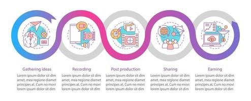 Vlogging vector infographic template. Video recording, post production, sharing, earning. Streaming. Data visualization with five steps and options. Process timeline chart. Workflow layout with icons