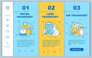 plantilla de vector de pantalla de página de aplicación móvil de servicios de transporte. viajando en autobús, barco, avión. Recorrido por agua, tierra y transporte aéreo con ilustraciones lineales. ux, concepto de interfaz de teléfono inteligente gui