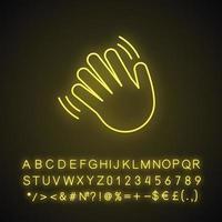 Waving hand gesture emoji neon light icon. Hello, hi, bye, goodbye hand gesturing. Greeting palm. Glowing sign with alphabet, numbers and symbols. Vector isolated illustration