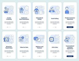 Selling trends light blue onboarding mobile app screen set. Walkthrough 5 steps editable graphic instructions with linear concepts. UI, UX, GUI template.