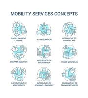 Mobility as service turquoise concept icons set. Urban infrastructure. Maas idea thin line color illustrations. Isolated symbols. Editable stroke. vector