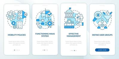 MaaS introduction components blue onboarding mobile app screen. Data walkthrough 4 steps editable graphic instructions with linear concepts. UI, UX, GUI template. vector