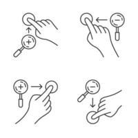 Touchscreen gestures linear icons set. Zoom in vertical, zoom out vertical gesturing. Zoom in horizontal, zoom out horizontal. Thin line contour symbols. Isolated vector illustrations. Editable stroke