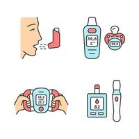 Medical devices color icons set. Inhaler, baby digital thermometer, body fat monitor, blood sugar test. Breathing trainer. Temperature, fat loss monitor. Glucometer. Isolated vector illustrations