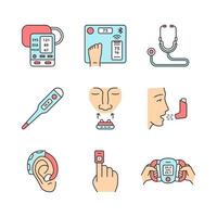 Medical devices color icons set. Blood pressure monitor, body weight smart scales, thermometer, anti snoring nose clip, inhaler, hearing amplifier, finger pulse oximeter. Isolated vector illustrations