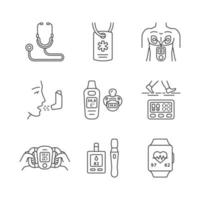 Medical devices linear icons set. Stethoscope, inhaler, muscle stimulator, glucometer, pedometer, fitness tracker. Thin line contour symbols. Isolated vector outline illustrations. Editable stroke