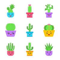 Cactuses flat design long shadow color icons set. Plants with smiling faces. Laughing Saguaro and peyote cactus. Kissing zebra cacti in pot. Succulent plants. Vector silhouette illustrations